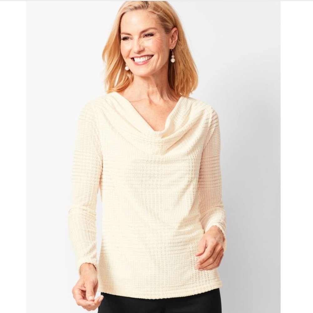 Talbots Houndstooth Velvet Cowl Neck Top Petite